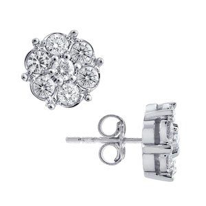 1.00 Carat Round Cut Diamond Cluster Stud Earrings 14K White Gold